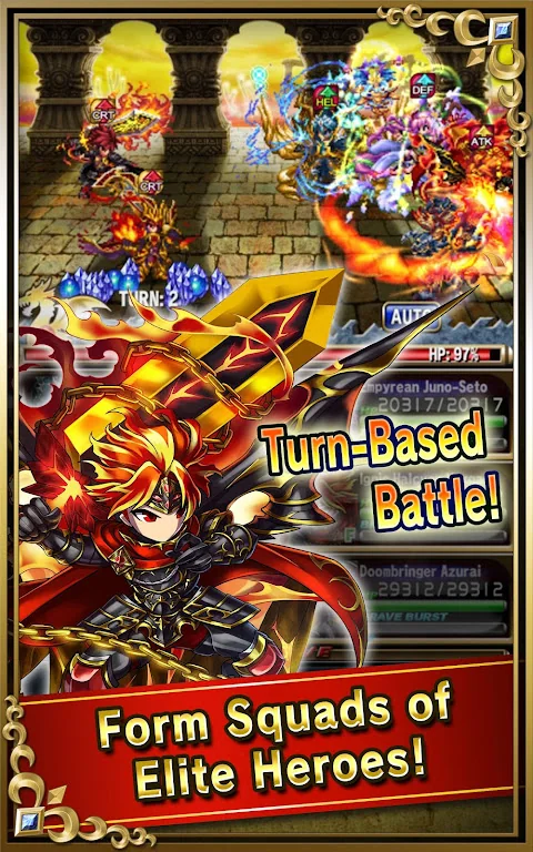 A Brave Frontier battle in progress: a fire squad mid-turn against three enemies