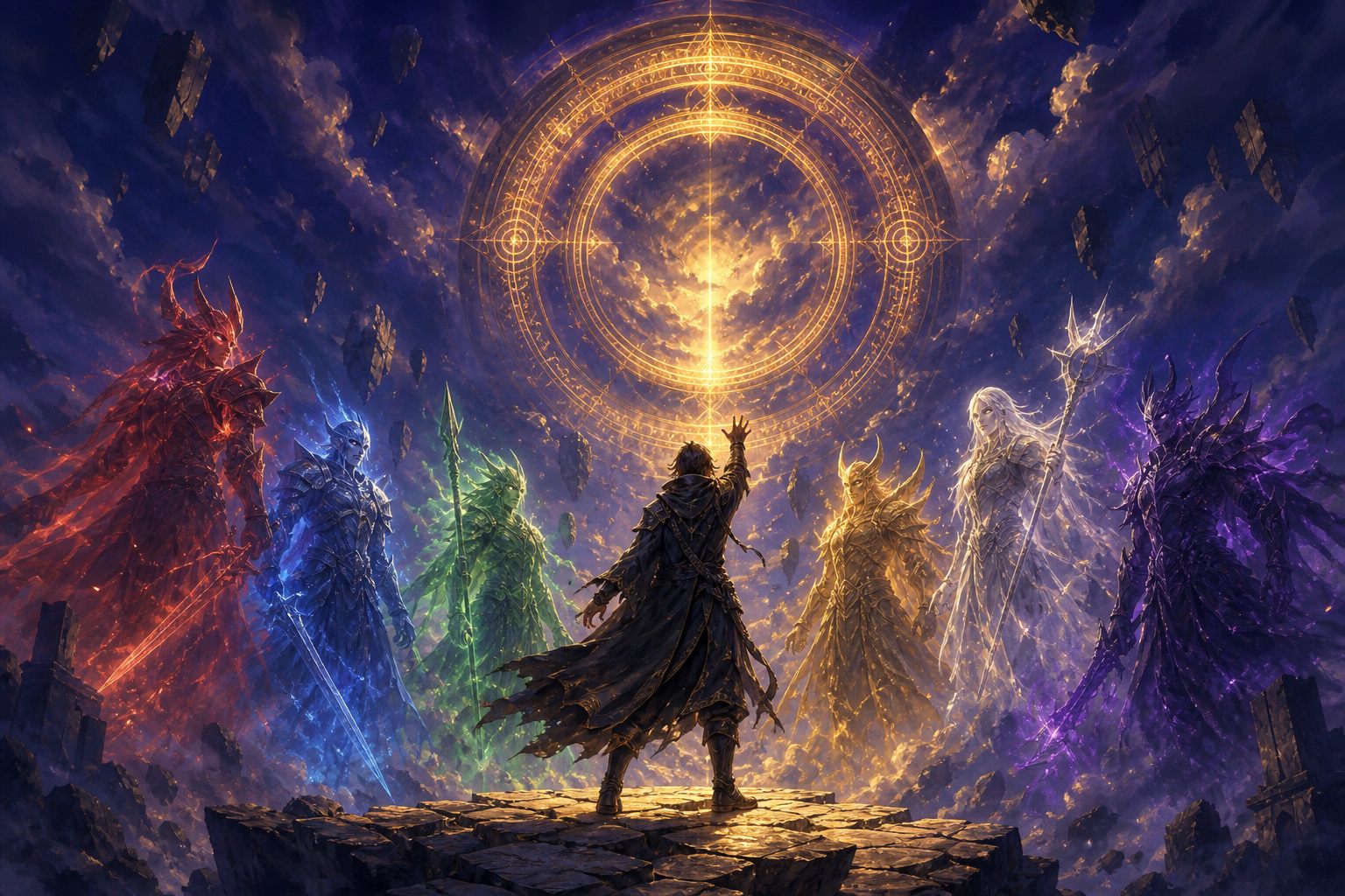 A summoner opening a gate above Grand Gaia, six elemental spirits rising behind them