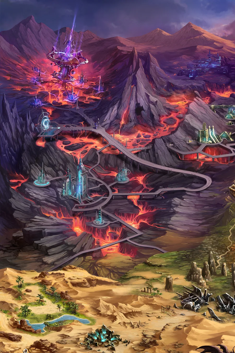 The painted map of Grand Gaia: lava fields and crystal cities above a desert
